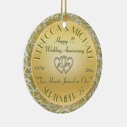 金ゴールドの結婚記念日を結婚する年を挿入して下さい セラミックオーナメント (右)