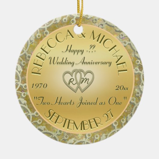 金ゴールドの結婚記念日を結婚する年を挿入して下さい セラミックオーナメント (正面)