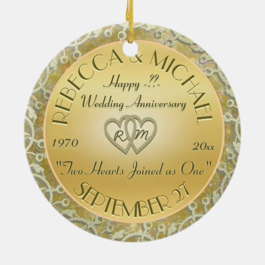 金ゴールドの結婚記念日を結婚する年を挿入して下さい セラミックオーナメント (裏面)
