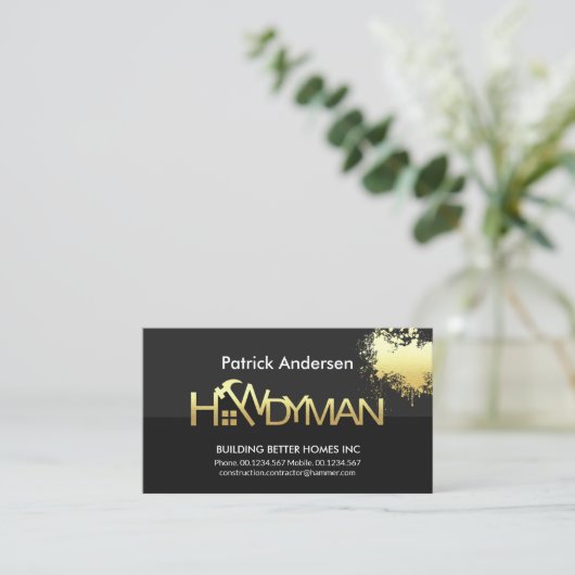 金ゴールドの絵を描（ばちゃばちゃ）跳ねる看板 名刺 (スタンド正面)