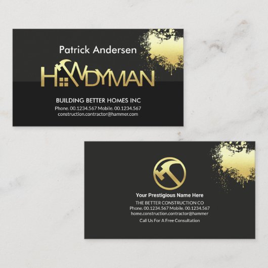 金ゴールドの絵を描（ばちゃばちゃ）跳ねる看板 名刺 (正面/裏面)