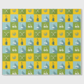 金ゴールドの緑および青の正方形のゴルフアイコン ラッピングペーパー (フラット)