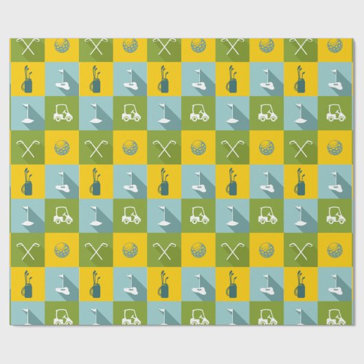 金ゴールドの緑および青の正方形のゴルフアイコン ラッピングペーパー (フラット)