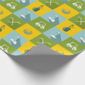 金ゴールドの緑および青の正方形のゴルフアイコン ラッピングペーパー (角)