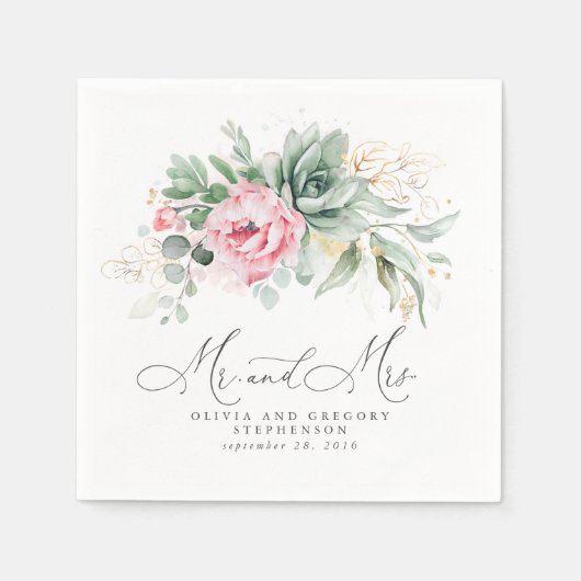 金ゴールドの緑とピンクの花結婚の数 スタンダードカクテルナプキン (正面)