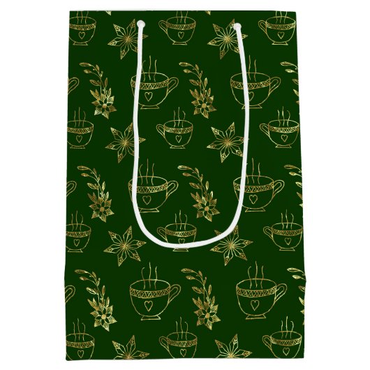 金ゴールドの緑のクリスマスシンボルのシームレスなパターン ミディアムペーパーバッグ (裏面)