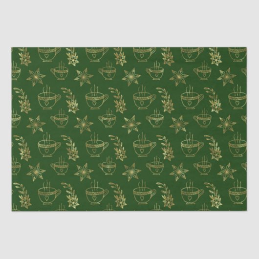 金ゴールドの緑のクリスマスシンボルのシームレスなパターン 薄葉紙 (正面)