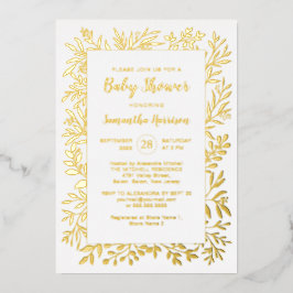 金ゴールドの緑の男女兼用葉の赤ちゃんシャワー 箔招待状