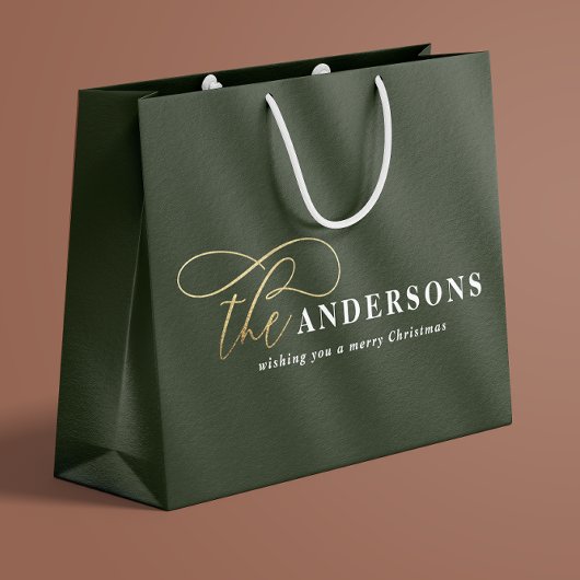 金ゴールドの緑の素朴モダンなミニマルクリスマス ラージペーパーバッグ