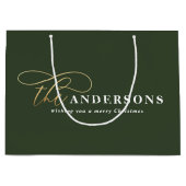 金ゴールドの緑の素朴モダンなミニマルクリスマス ラージペーパーバッグ (正面)