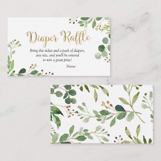金ゴールドの緑の草木のベビーシャワーのおむつのラッフル エンクロージャーカード (正面/裏面)