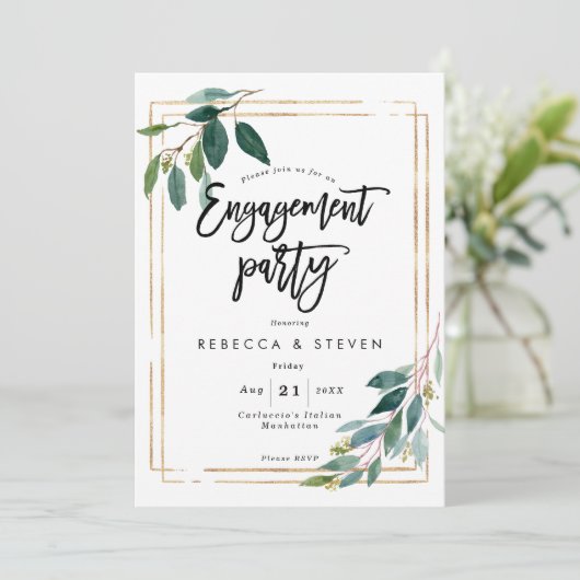 金ゴールドの緑の草木の花の婚約パーティの招待 招待状 (スタンド正面)