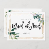 金ゴールドの緑の草木私のメイド・オブ・オーナー（花嫁付き添い人）カードです 案内ポストカード (正面/裏面)
