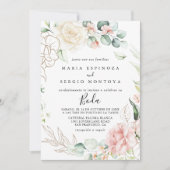 金ゴールドの緑の葉のフローラスペインの結婚の 招待状 (正面)