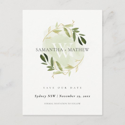 金ゴールドの緑の葉の水の色のリースを保存 案内ポストカード (正面)