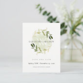 金ゴールドの緑の葉の水の色のリースを保存 案内ポストカード (スタンド正面)