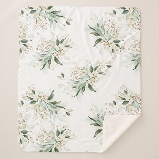 金ゴールドの緑の葉エレガント白ロマンチック シェルパブランケット (正面)