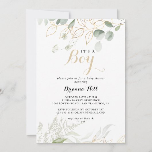 金ゴールドの緑の葉男の子の赤ちゃんシャワー 招待状 (正面)