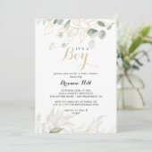 金ゴールドの緑の葉男の子の赤ちゃんシャワー 招待状 (スタンド正面)