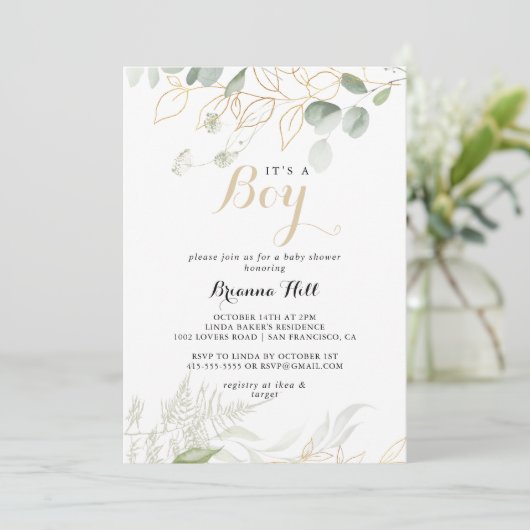 金ゴールドの緑の葉男の子の赤ちゃんシャワー 招待状 (スタンド正面)
