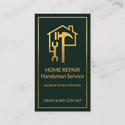 金ゴールドの緑の金ゴールド枠の上の手作りツール 名刺 (正面)