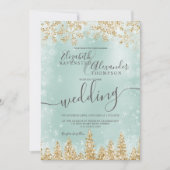 金ゴールドの緑の雪の松クリスマス冬の結婚式 招待状 (正面)