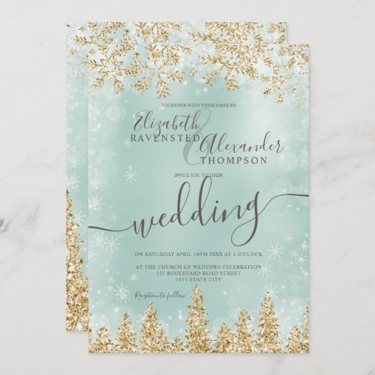金ゴールドの緑の雪の松クリスマス冬の結婚式 招待状 (正面/裏面)