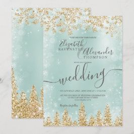 金ゴールドの緑の雪の松クリスマス冬の結婚式 招待状