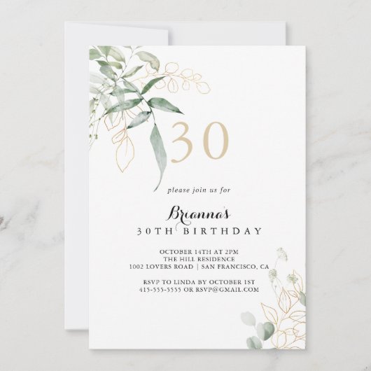 金ゴールドの緑30歳の誕生日パーティー 招待状 (正面)