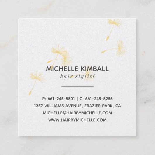 金ゴールドの署名のタンポポ|の正方形ビジネス スクエア名刺 (裏面)
