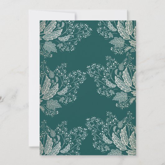 金ゴールドの群葉のティール(緑がかった色)の緑のエレガントでモダンな結婚式 招待状 (裏面)