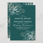 金ゴールドの群葉のティール(緑がかった色)の緑のエレガントでモダンな結婚式 招待状 (正面/裏面)