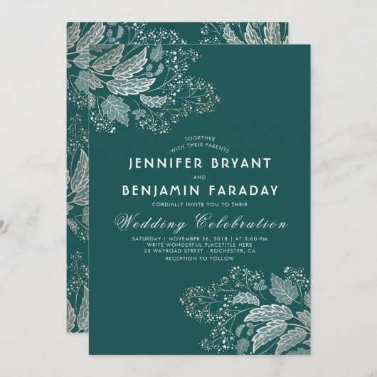 金ゴールドの群葉のティール(緑がかった色)の緑のエレガントでモダンな結婚式 招待状 (正面/裏面)