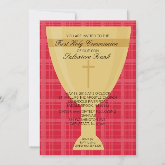 金ゴールドの聖餐杯の最初聖餐の招待状 招待状 (正面)