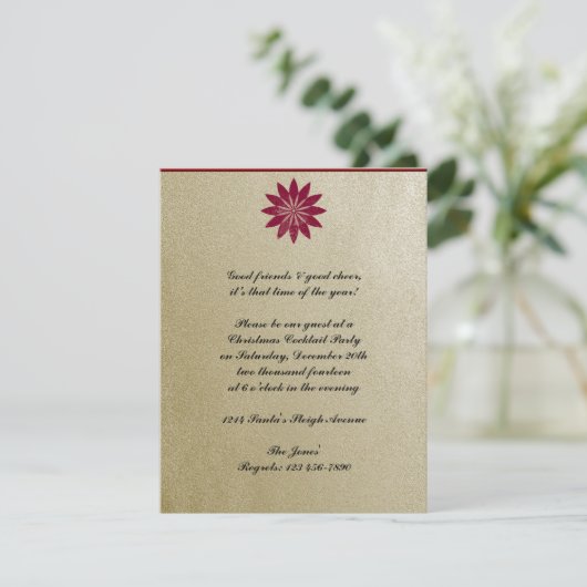 金ゴールドの背景のモダンで赤いポインセチアの花 招待状 (スタンド正面)