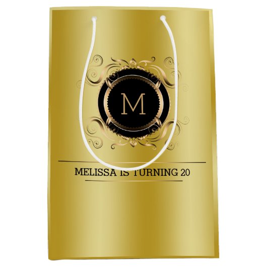 金ゴールドの背景(金ゴールドと黒の枠) ミディアムペーパーバッグ (正面)