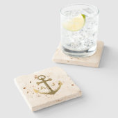 金ゴールドの航海のないかりの結婚式のモノグラム ストーンコースター (横)