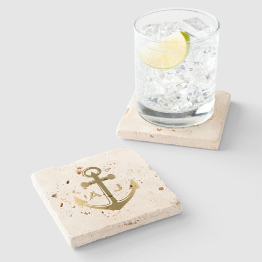 金ゴールドの航海のないかりの結婚式のモノグラム ストーンコースター (横)