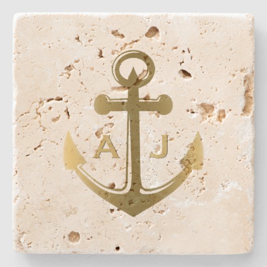 金ゴールドの航海のないかりの結婚式のモノグラム ストーンコースター (正面)