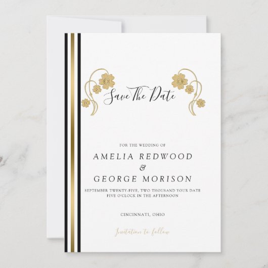 金ゴールドの花とストライプ セーブザデート (正面)