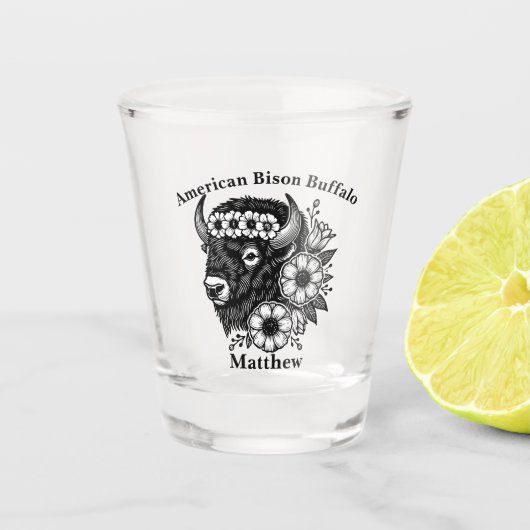 金ゴールドの花と葉で飾られたバイソン ショットグラス (正面)