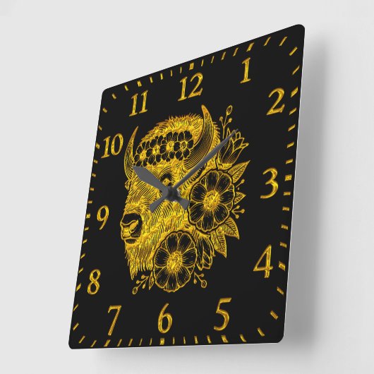金ゴールドの花と葉で飾られたバイソン スクエア壁時計 (傾斜)