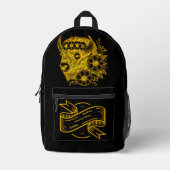 金ゴールドの花と葉で飾られたバイソン プリントバックパック (正面)