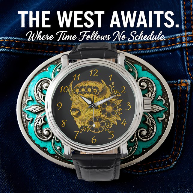 金ゴールドの花と葉で飾られたバイソン 腕時計 (クリエイターアップロード済み)