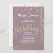 金ゴールドの花のグリッターのグラデーションな藤色の薄紫の結婚 招待状 (正面)