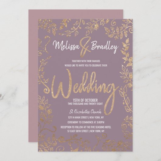 金ゴールドの花のグリッターのグラデーションな藤色の薄紫の結婚 招待状 (正面/裏面)