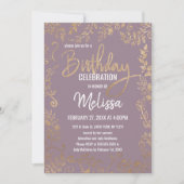 金ゴールドの花のグリッターのグラデーションな藤色の薄紫の誕生日 招待状 (正面)