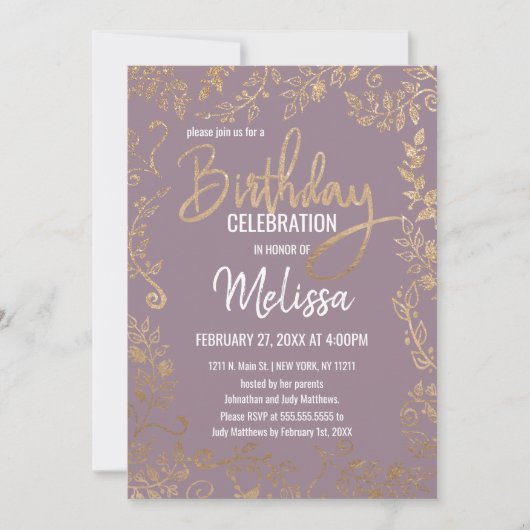 金ゴールドの花のグリッターのグラデーションな藤色の薄紫の誕生日 招待状 (正面)