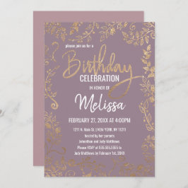 金ゴールドの花のグリッターのグラデーションな藤色の薄紫の誕生日 招待状