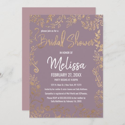 金ゴールドの花のグリッターの藤色の薄紫のブライダルシャワー 招待状 (正面/裏面)